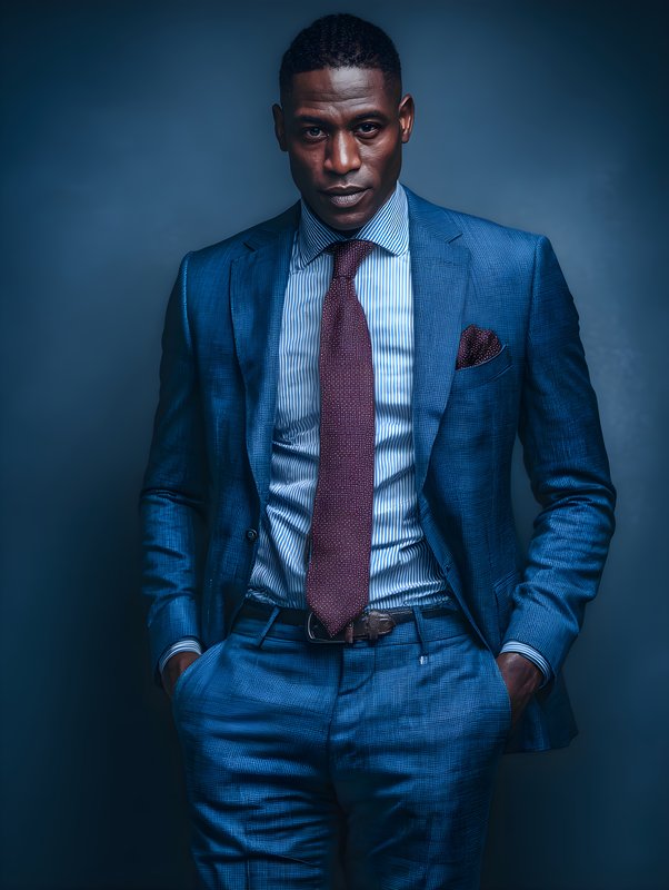 Man in blue suit stands confidently against dark background Free Premium Stock Photo - stock photo