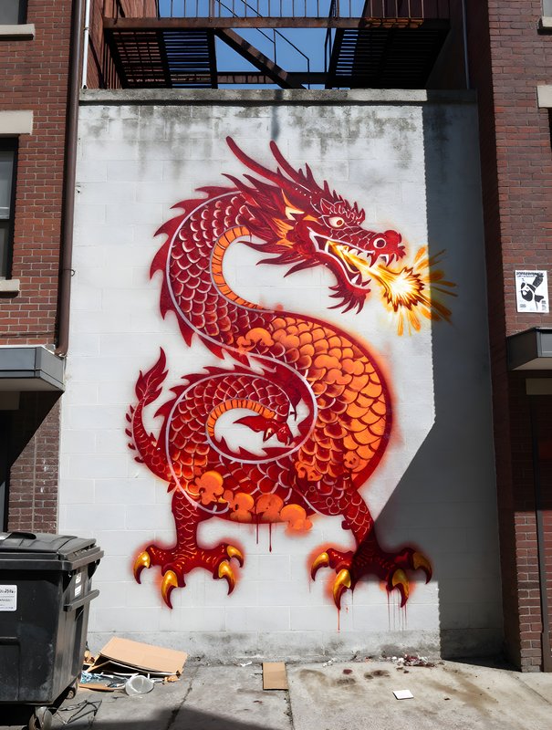Large red dragon mural on a building wall in urban area Free Premium Stock Photo - stock photo