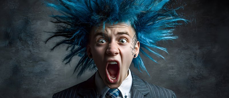 Man with blue hair yells in suit against dark background Free Premium Stock Photo - stock photo