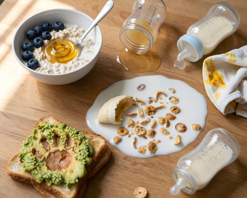 Breakfast with oats, fruits, and bottles on a wooden table Free Premium Stock Image - stock photo