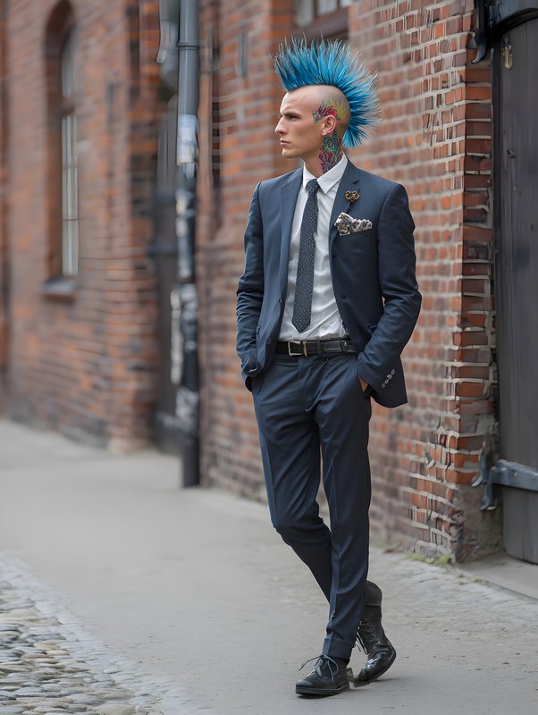 Person with blue hair walks by a brick wall in a suit Free Premium Stock Photo - stock photo