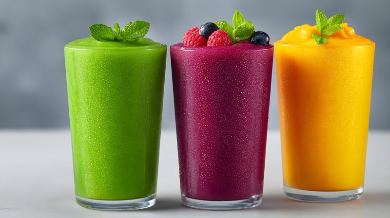 Colorful fruit smoothies in clear glasses arranged on a table Free Premium Stock Photo - stock photo