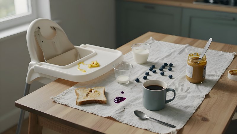 Child's messy breakfast setup on a kitchen table Free Premium Stock Image - stock photo