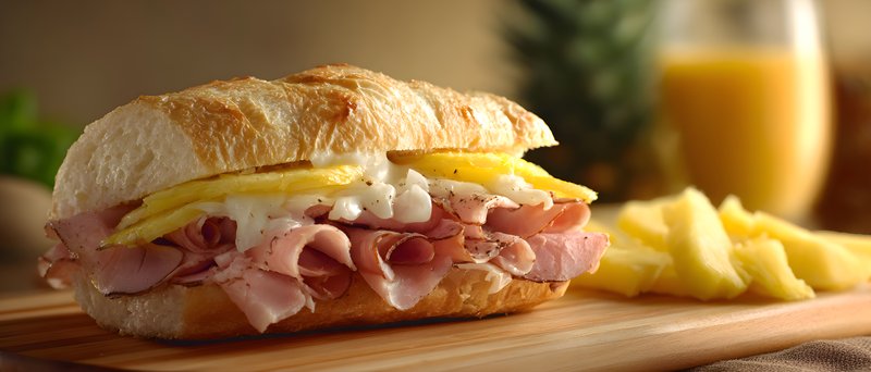 Fresh sandwich with ham and pineapple on a wooden board Free Premium Stock Image - stock photo