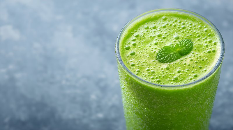 Green smoothie in a tall glass with mint leaf on top Free Premium Stock Photo - stock photo