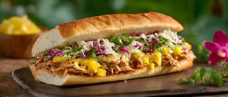 Delicious sandwich with chicken, mango, and vegetables served Free Premium Stock Image - stock photo