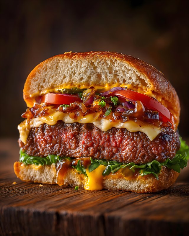 Delicious burger with cheese and fresh toppings on bun Free Premium Stock Image - stock photo