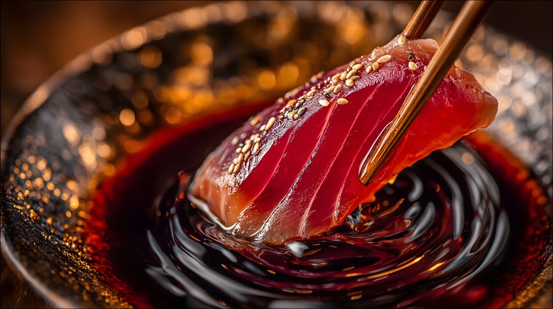 Fresh tuna piece being dipped in soy sauce Free Premium Stock Photo - stock photo