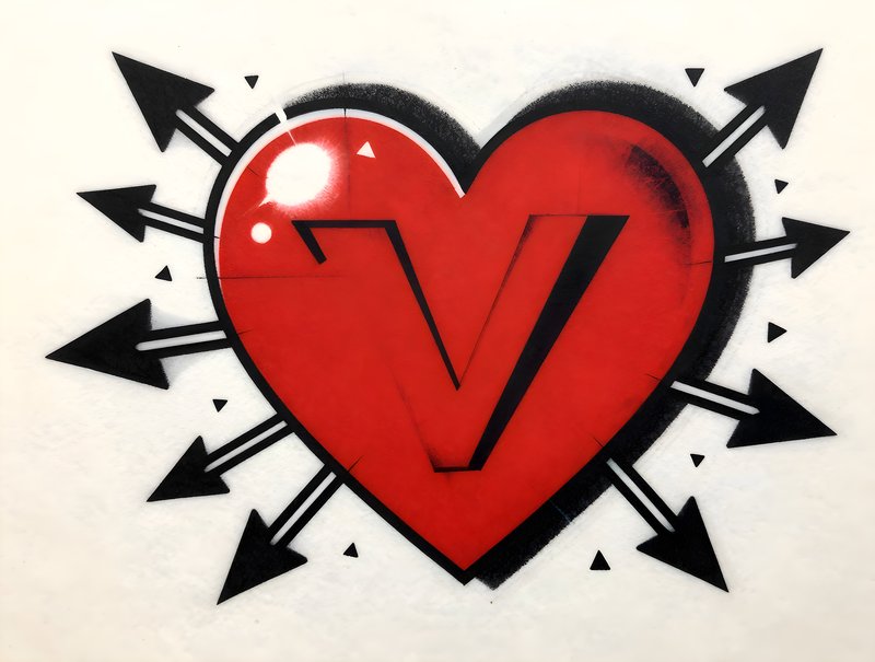 Red heart graphic with arrows pointing outward on a white wall Free Premium Stock Image - stock photo