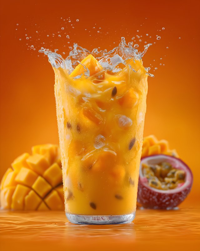 Mango drink with splash beside fruit on orange background Free Premium Stock Photo - stock photo