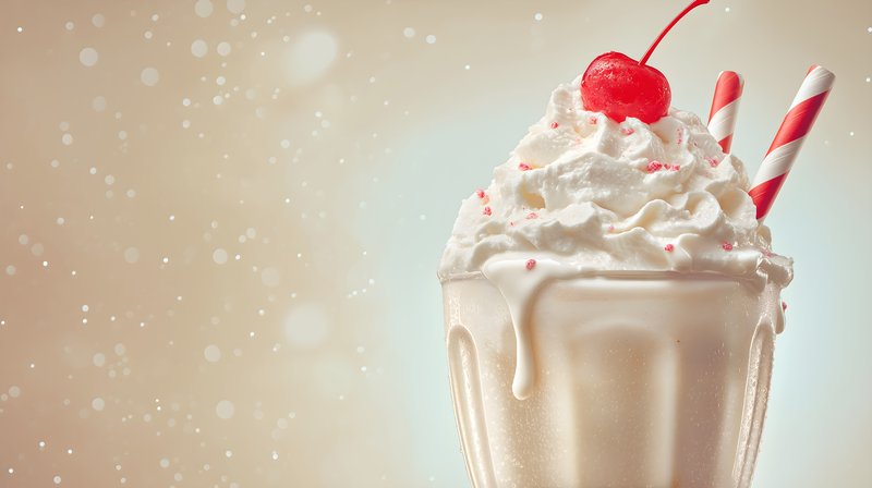 Milkshake topped with whipped cream and cherry sits in glass Free Premium Stock Image - stock photo