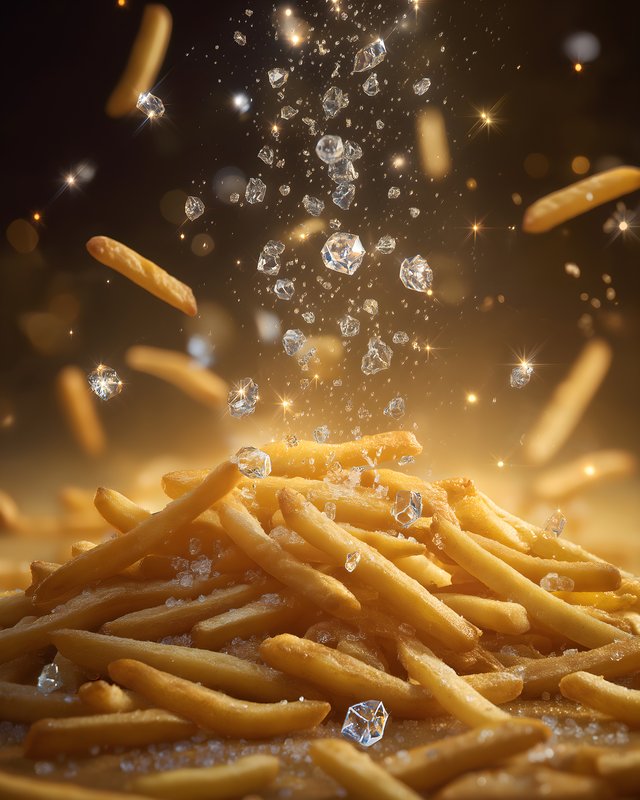 Fries falling with sparkling gems around them in golden light Free Premium Stock Photo - stock photo