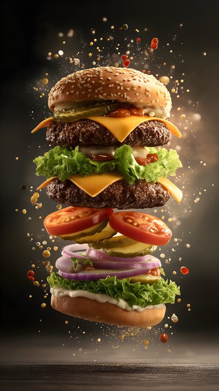 Stacked burger with toppings and ingredients in a dark setting Free Premium Stock Photo - stock photo