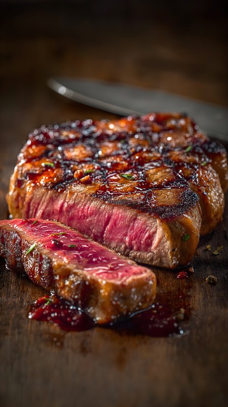 Juicy steak cut on wooden board with knife in background Free Premium Stock Image - stock photo