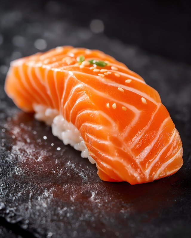 Fresh salmon sushi on black stone plate at restaurant Free Premium Stock Image - stock photo