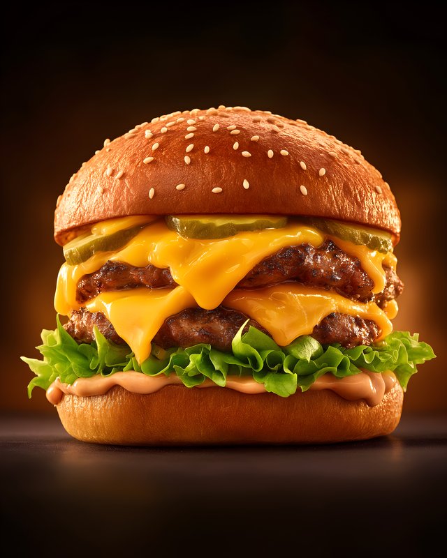 Three layer cheeseburger with pickles and lettuce on bun Free Premium Stock Image - stock photo