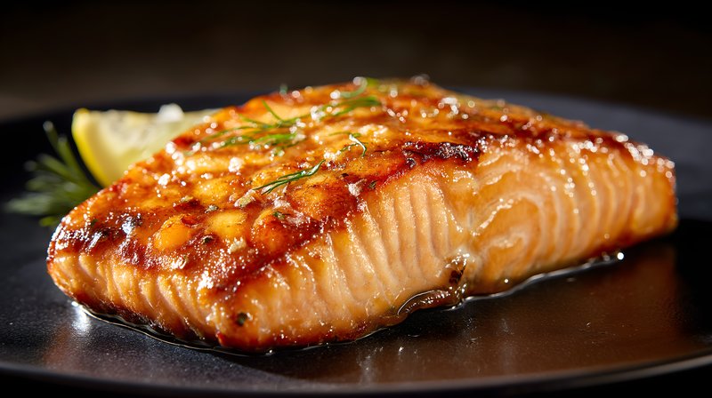 Grilled salmon served with lemon on black plate at a restaurant Free Premium Stock Image - stock photo