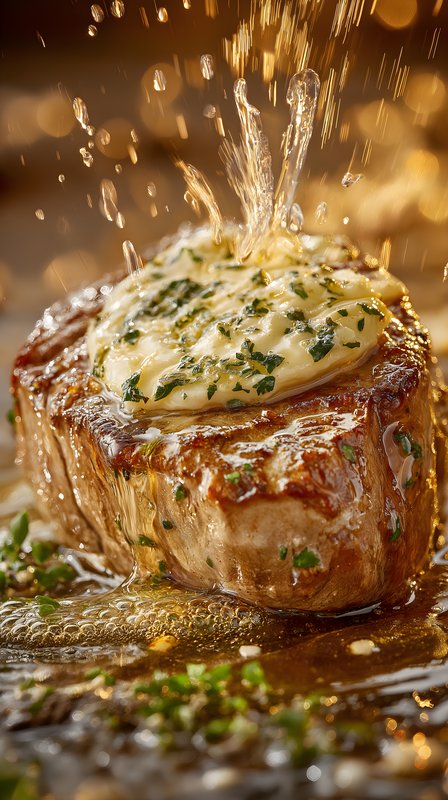 Steak cooking with butter and herbs in a warm kitchen Free Premium Stock Image - stock photo
