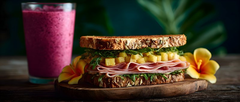 Tasty sandwich with ham and pineapple beside smoothie Free Premium Stock Photo - stock photo