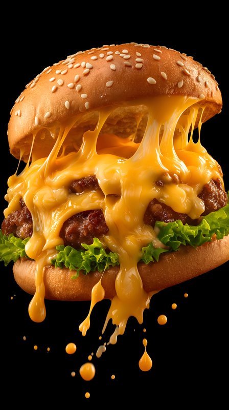 Melted cheese flows from a burger with lettuce and bun Free Premium Stock Image - stock photo