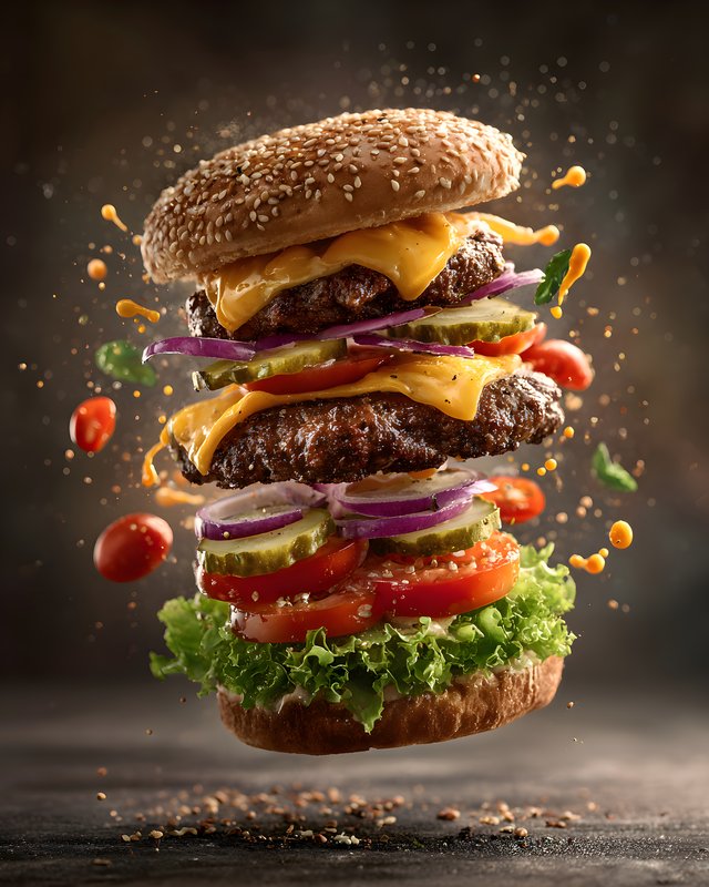 Big burger with lettuce, tomato, onion, and cheese stacked high Free Premium Stock Photo - stock photo