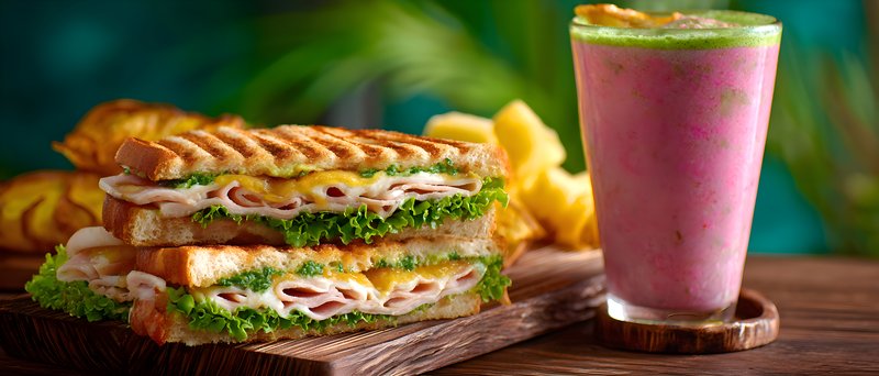 Lunch featuring sandwich and smoothie on wooden table Free Premium Stock Photo - stock photo