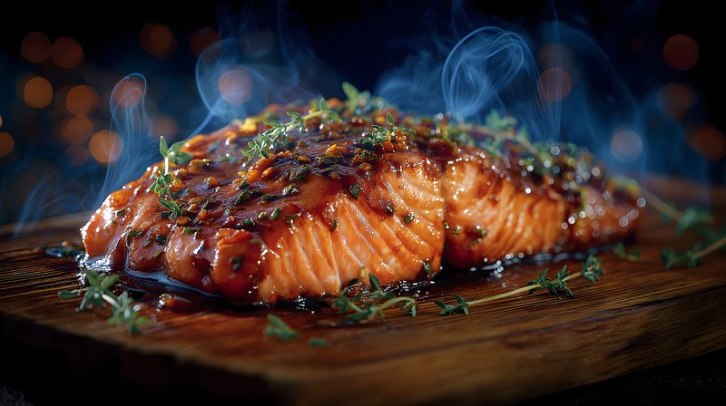 Grilled salmon with glaze served on wooden board Free Premium Stock Photo - stock photo
