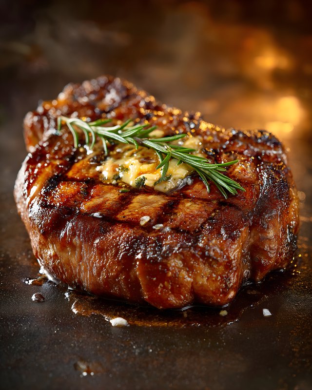 Grilled steak with herbs on a dark surface during cooking Free Premium Stock Photo - stock photo