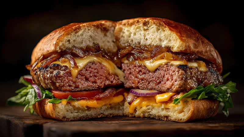 Juicy burger cut in half with toppings on a wooden surface Free Premium Stock Photo - stock photo