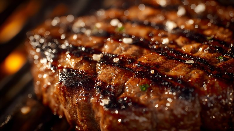 Cooking steak on a grill with visible marks and seasonings Free Premium Stock Photo - stock photo