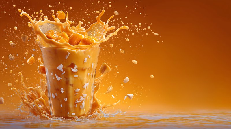Splash of milk tea with mango in bright orange backdrop Free Premium Stock Photo - stock photo