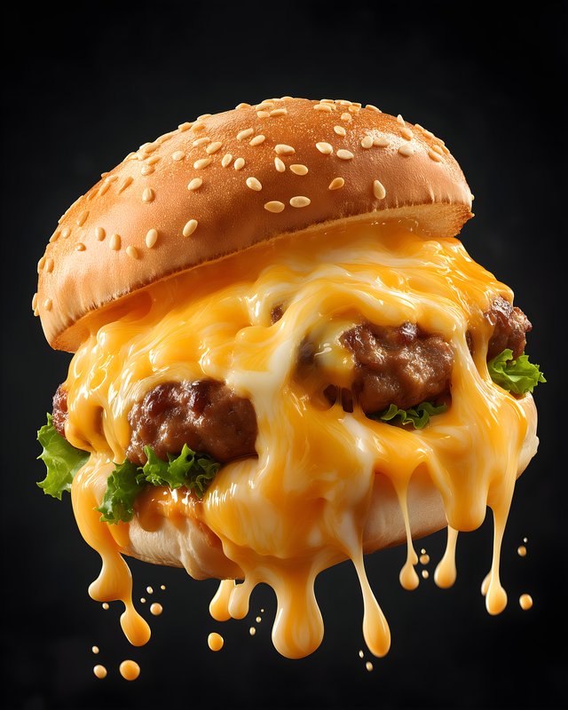 Melted cheese burger with sesame seed bun on black background Free Premium Stock Image - stock photo