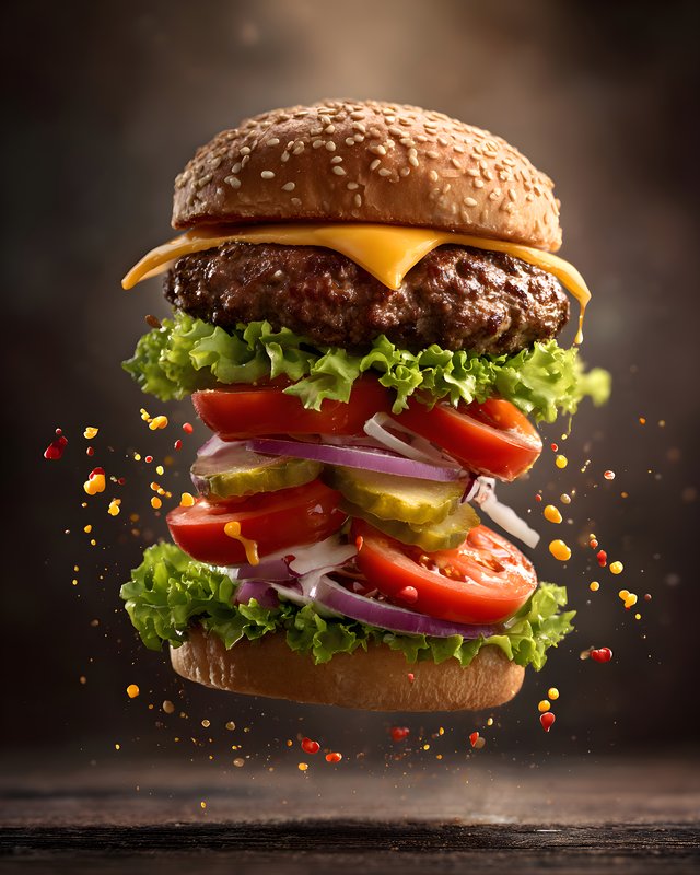 Delicious burger with fresh ingredients floats in the air Free Premium Stock Photo - stock photo