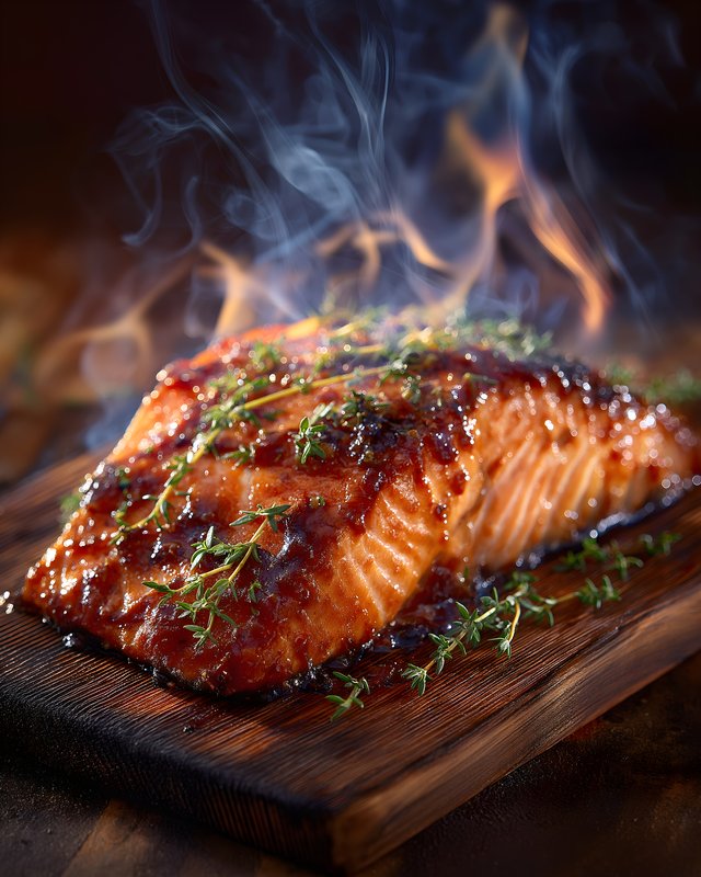 Grilled salmon with herbs served on wooden board Free Premium Stock Image - stock photo