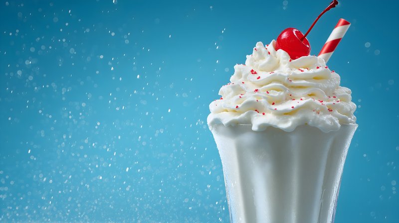 Delicious milkshake with cherry and straw on a blue background Free Premium Stock Image - stock photo