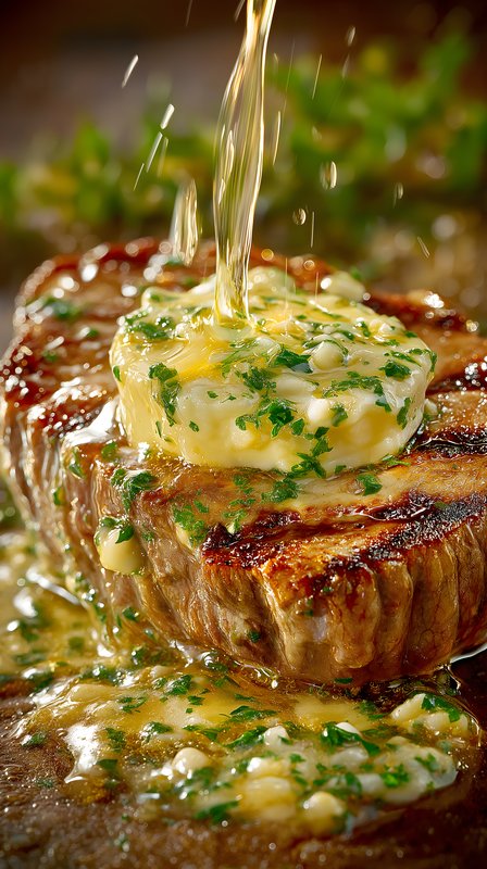 Juicy steak topped with herb butter and sauce in kitchen Free Premium Stock Image - stock photo