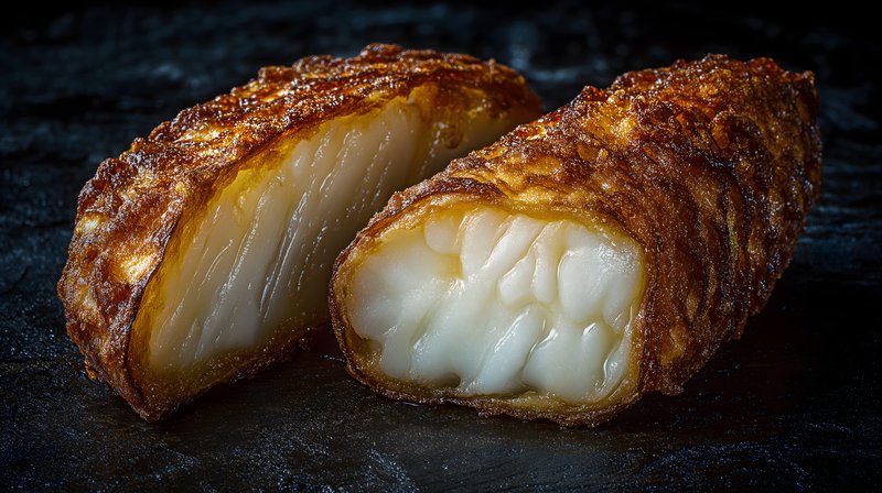 Crispy fried fish roll cut in half on a dark surface Free Premium Stock Photo - stock photo