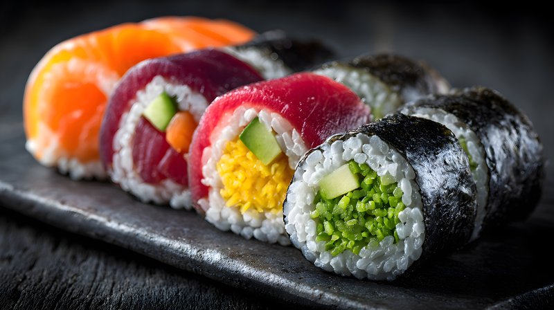 Different types of sushi arranged on a black plate Free Premium Stock Photo - stock photo