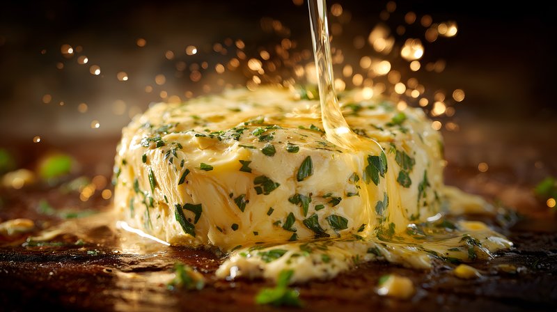 Melting cheese with herbs on a wooden board Free Premium Stock Image - stock photo