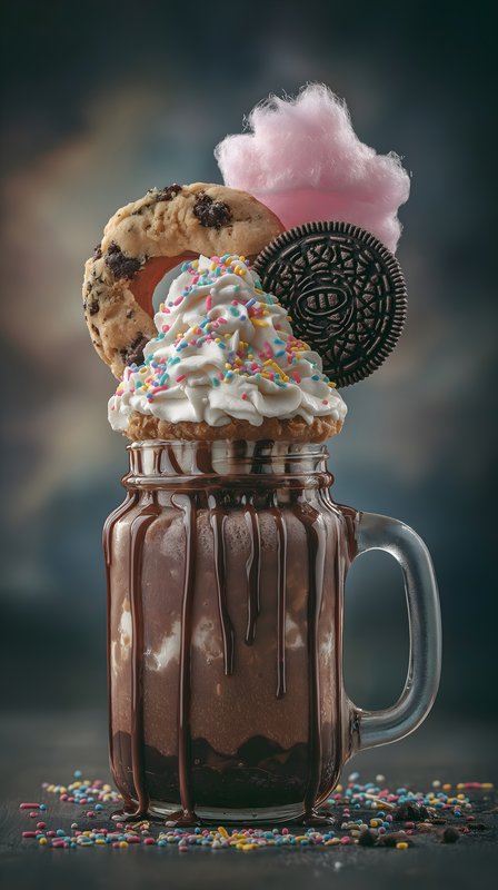 Fun dessert in a glass with cookies and cotton candy on top Free Premium Stock Image - stock photo