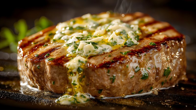 Juicy steak on grill with melted butter and herbs Free Premium Stock Image - stock photo