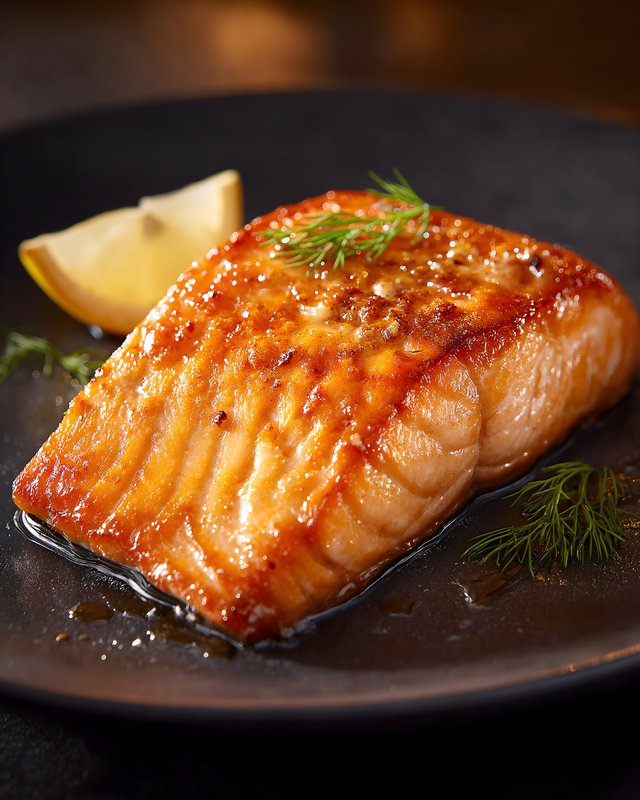 Salmon with lemon slice on black plate is ready to eat Free Premium Stock Photo - stock photo