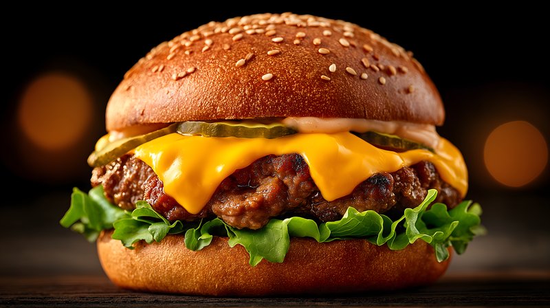 Juicy burger served on a dark background with toppings Free Premium Stock Photo - stock photo