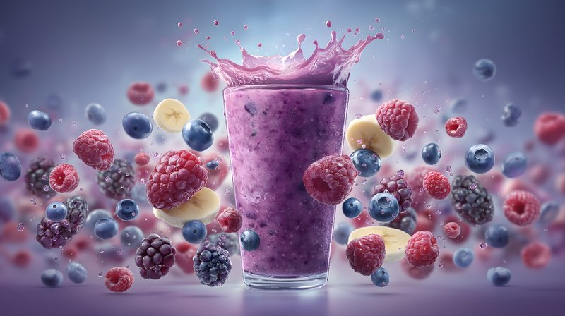 Fresh berry smoothie is splashing with fruits around Free Premium Stock Image - stock photo