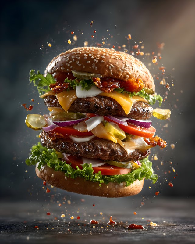 Stack of burgers with fresh ingredients and toppings in the air Free Premium Stock Photo - stock photo