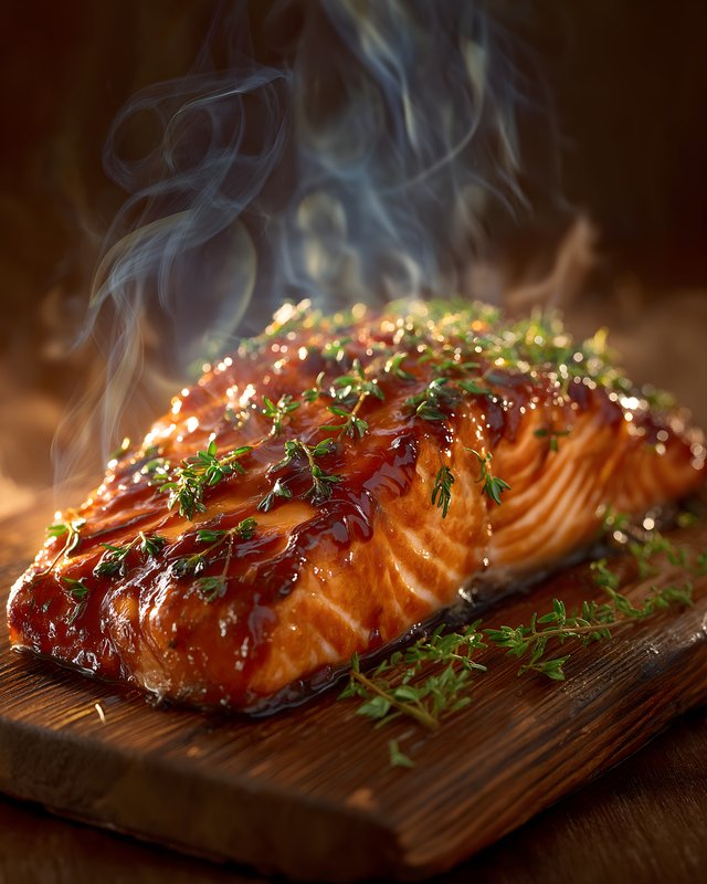 Juicy salmon fillet on wooden board with herbs and smoke Free Premium Stock Image - stock photo