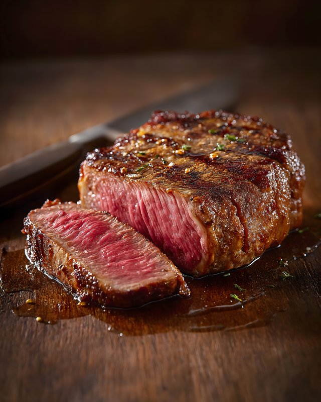 Juicy steak served on a wooden surface with a knife nearby Free Premium Stock Photo - stock photo
