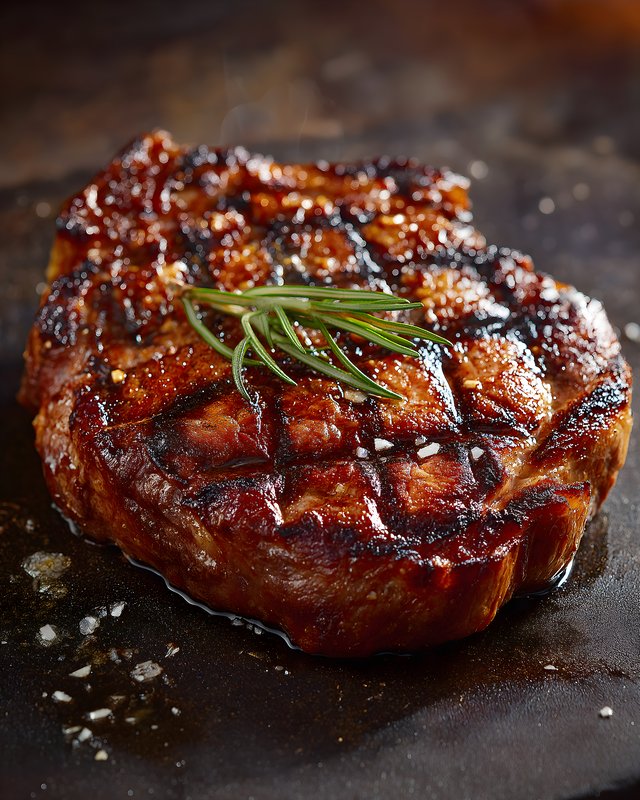 Grilled steak is served on a dark plate with green herbs Free Premium Stock Photo - stock photo