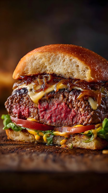 Juicy beef burger with melted cheese and fresh toppings served Free Premium Stock Image - stock photo