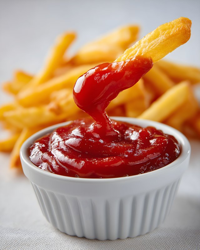 French fries dipped in ketchup on a white table Free Premium Stock Image - stock photo
